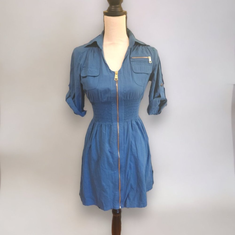 Denim Cargo Zip Up Midi/ Mini Dress. Both Tall woman and Petite woman friendly.